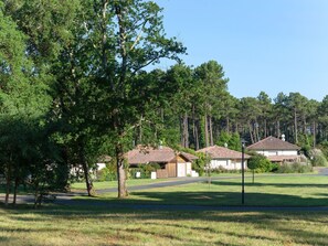 Um bairro residencial com casas de telhado apaleado e rodeado por vegetação exuberante.