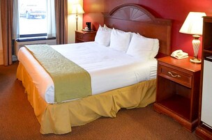 Habitación de hotel con una cama grande, una mesita de noche con lámpara, un teléfono y una ventana con vista a un vehículo afuera.