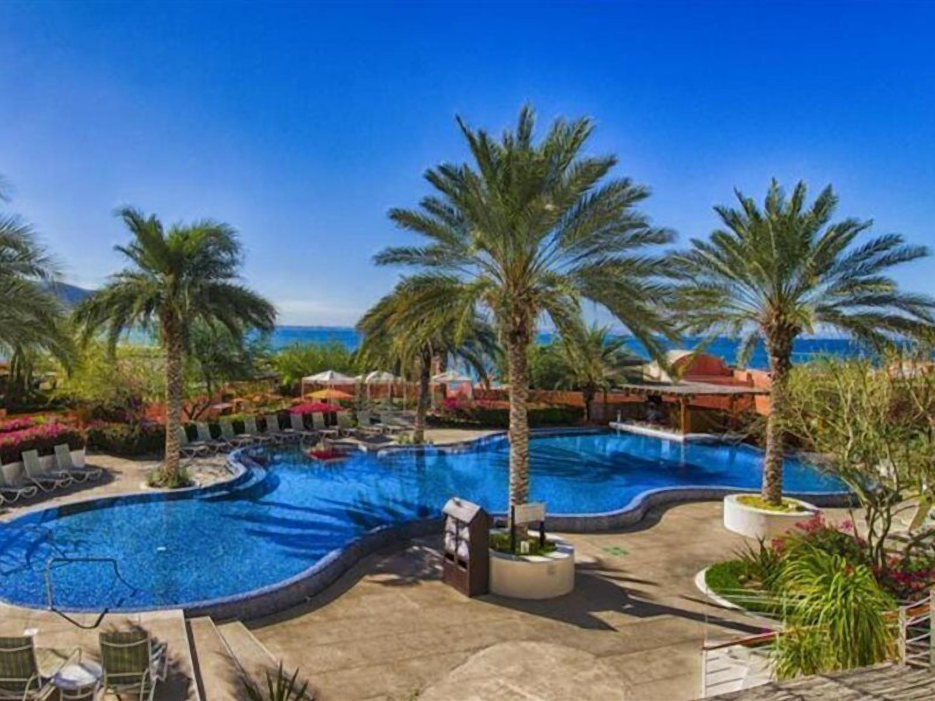 A resort pool with palm trees, lounge chairs, and a clear view of the ocean.