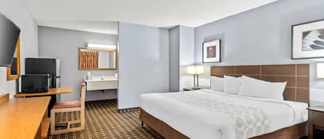 A hotel room with a bed, a desk, a chair, a television, a sink, and a mirror.