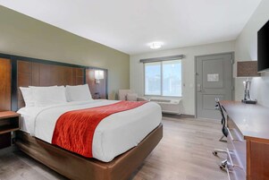 Habitación de hotel con una cama grande, un escritorio, una silla, un televisor y una ventana.