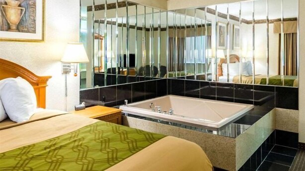 A hotel room with a large mirror, a bed, a nightstand, a bathroom with a bathtub, and a window. - Econo Lodge (Pittsfield)
