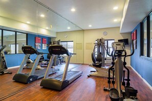 Une salle de sport équipée de tapis de course, d’une machine de musculation et d’un mur recouvert de miroirs.