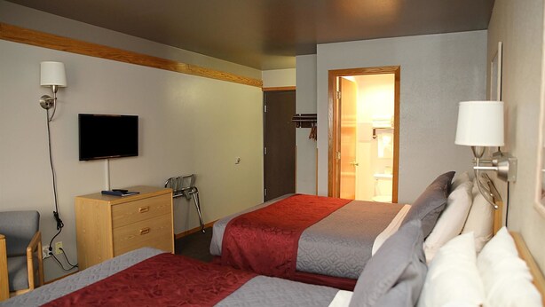 Une chambre d’hôtel avec deux lits, une télévision, un bureau et une armoire.