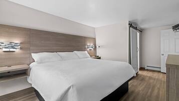 A modern bedroom with a large bed, a bedside table, a wall-mounted light, and a door.
