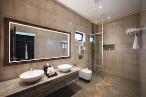 A modern bathroom with two sinks, a large mirror, and a glass shower enclosure.