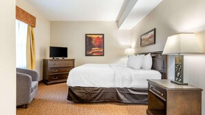 A hotel room with a bed, a television, a desk, a chair, and two paintings on the wall. - Quality Inn Sarnia (Point Edward)