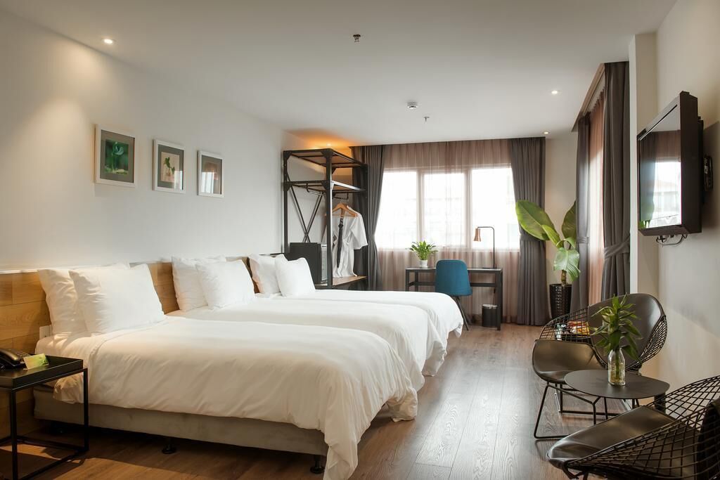 A hotel room with a bed, a desk, a chair, a TV, and a plant.