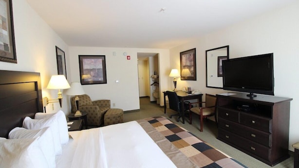 Quarto de hotel com uma cama, uma escrivaninha, uma televisão e uma cadeira.