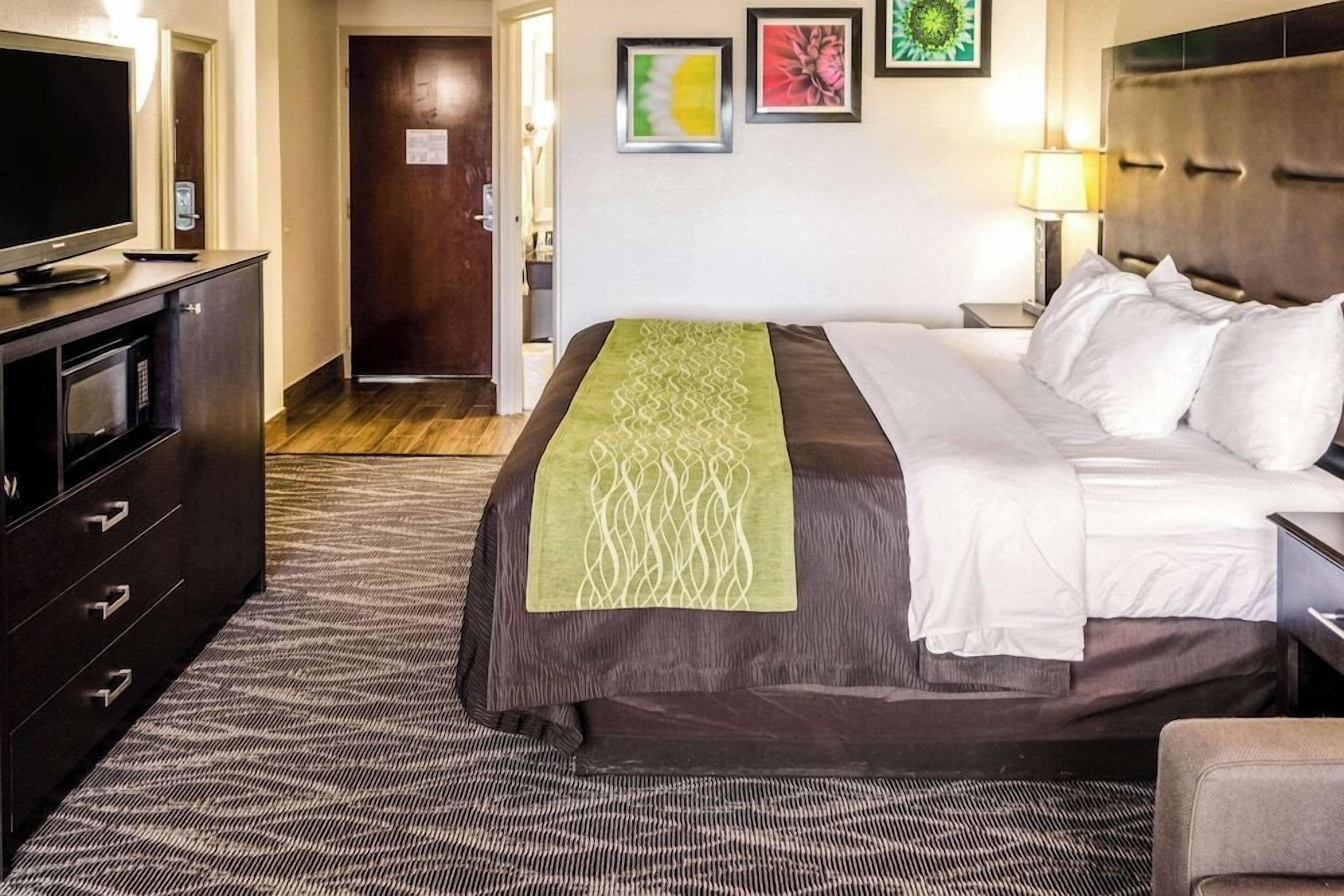 Une chambre d’hôtel avec un lit, un téléviseur posé sur une commode, une porte et des œuvres d’art accrochées au mur.