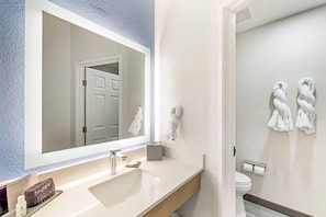 Un baño con un espejo grande, un lavabo, un inodoro y toallas colgadas en la pared.