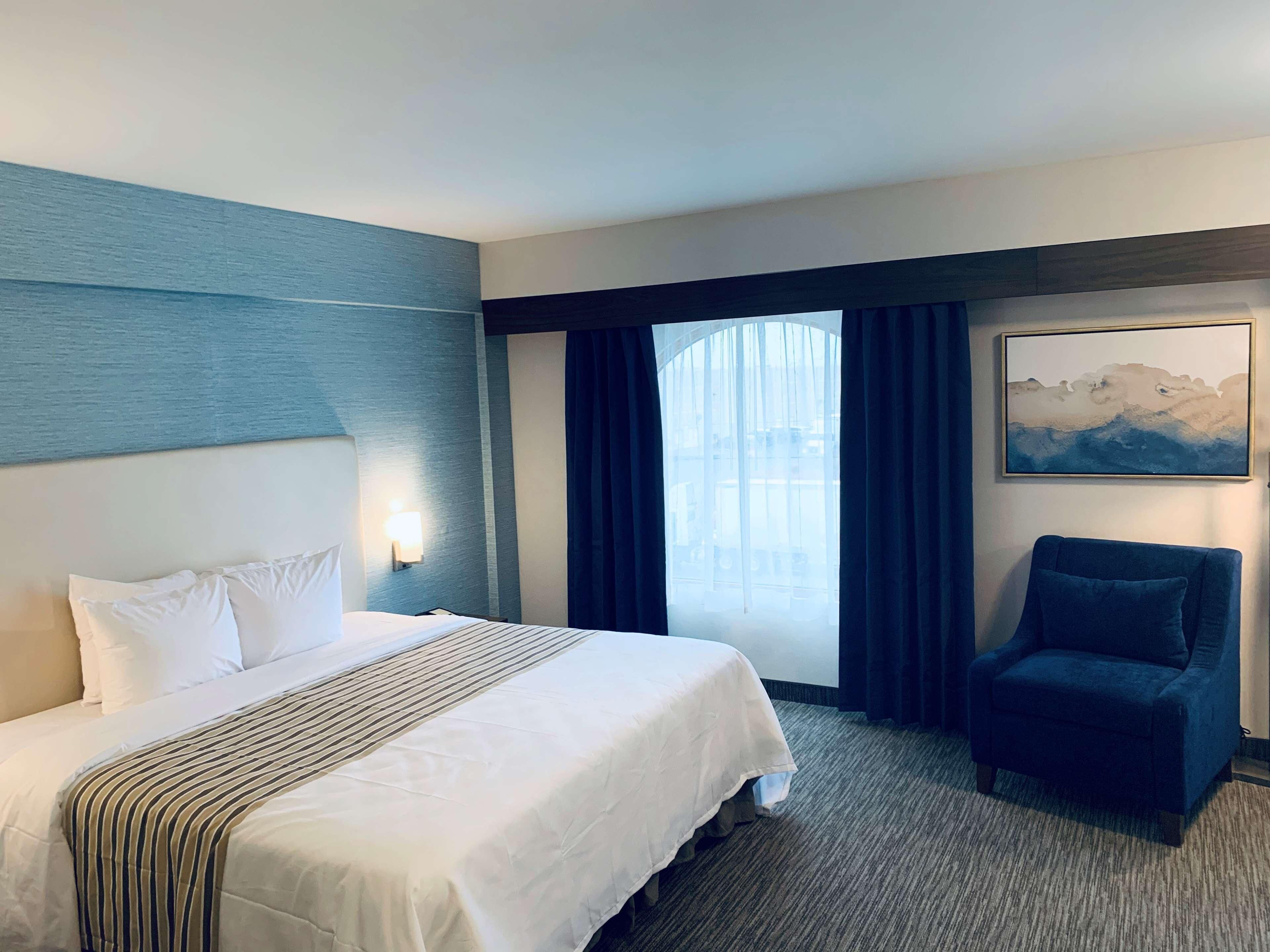 Una habitación de hotel con cama, sillón, ventana con cortinas, lámpara de pared y un cuadro.