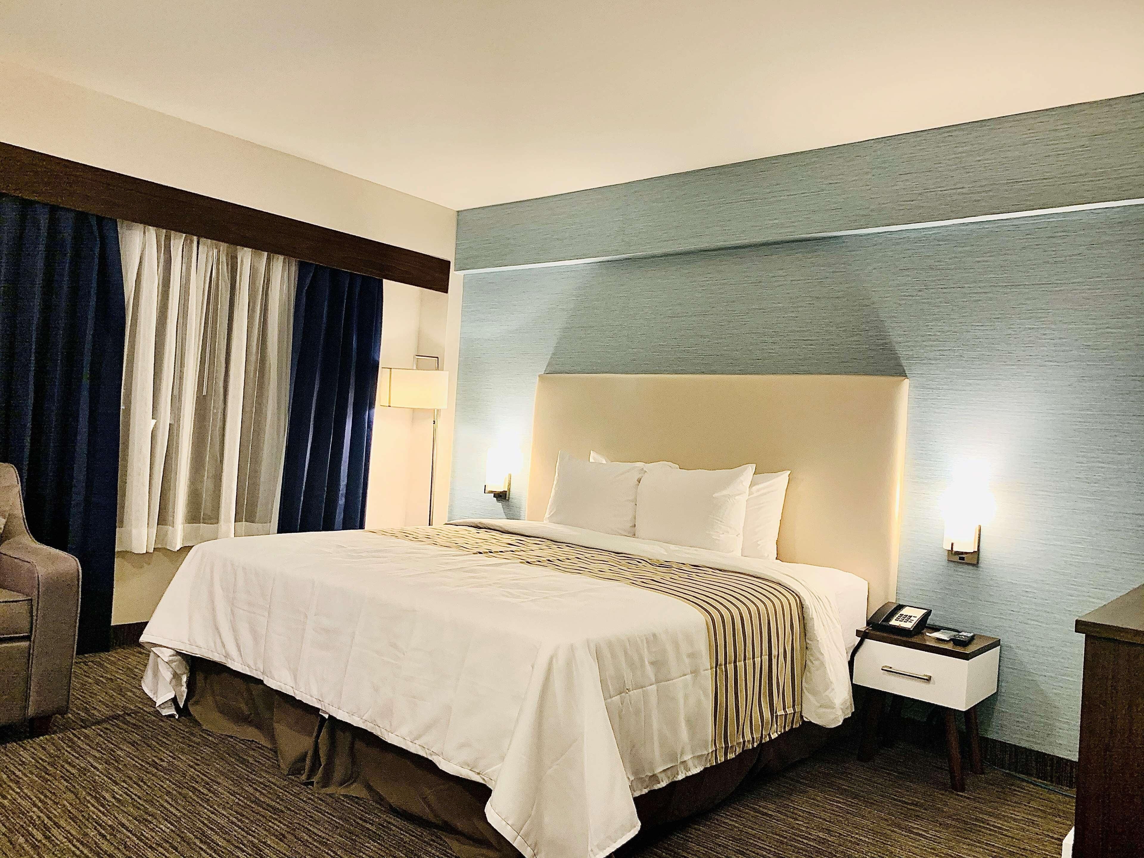 Una habitación de hotel con una cama grande, una mesita de noche con teléfono, lámpara y una silla.