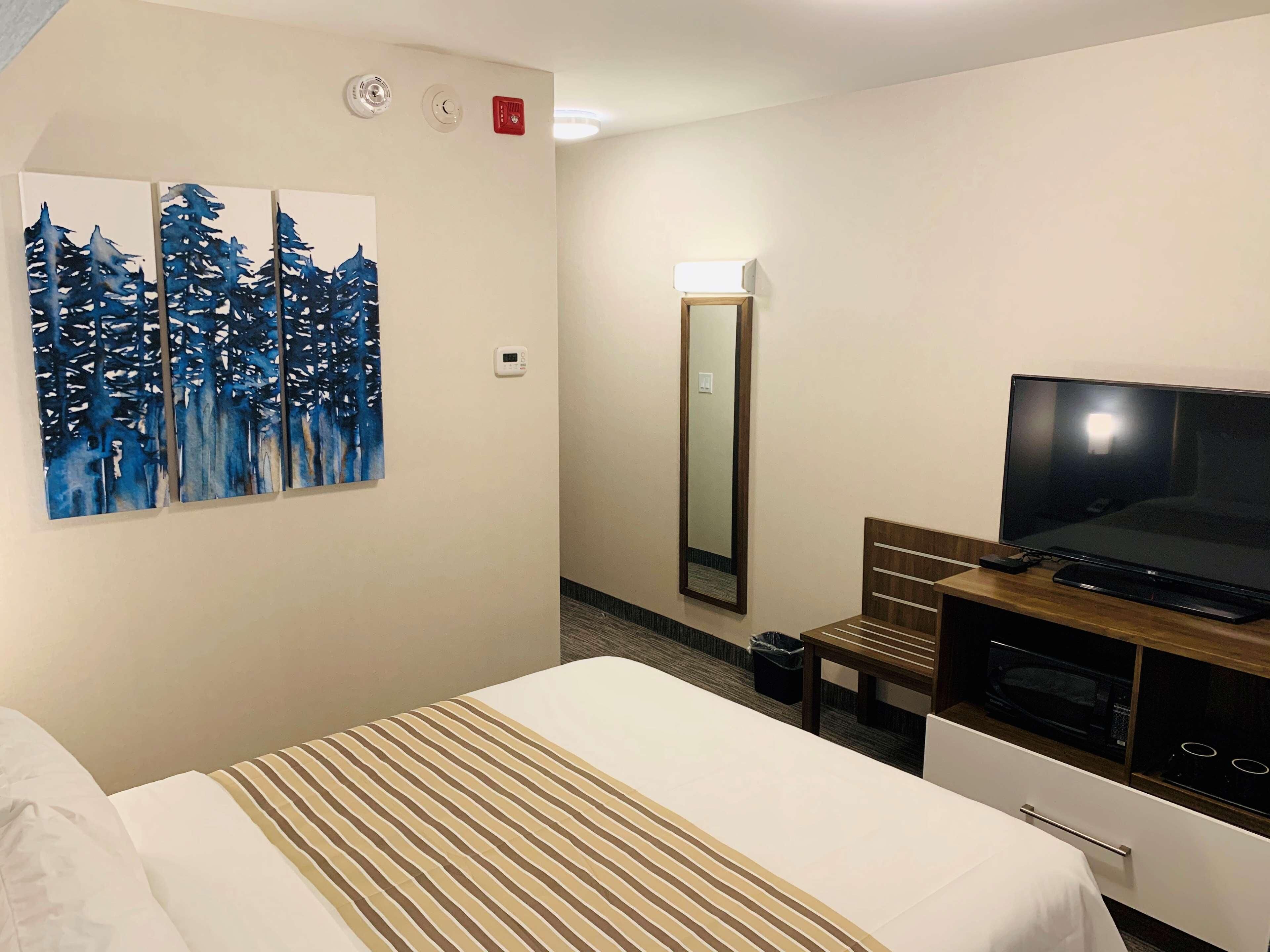 Habitación de hotel con cama, televisor, un cuadro, espejo y una pequeña mesa.