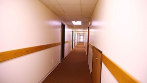 A long, narrow hallway with wooden trim on the walls and carpeted floor, leading to multiple doors.