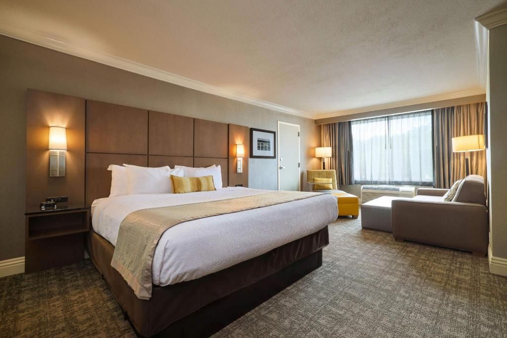 A hotel room with a large bed, a sofa, a desk, and a window with curtains.