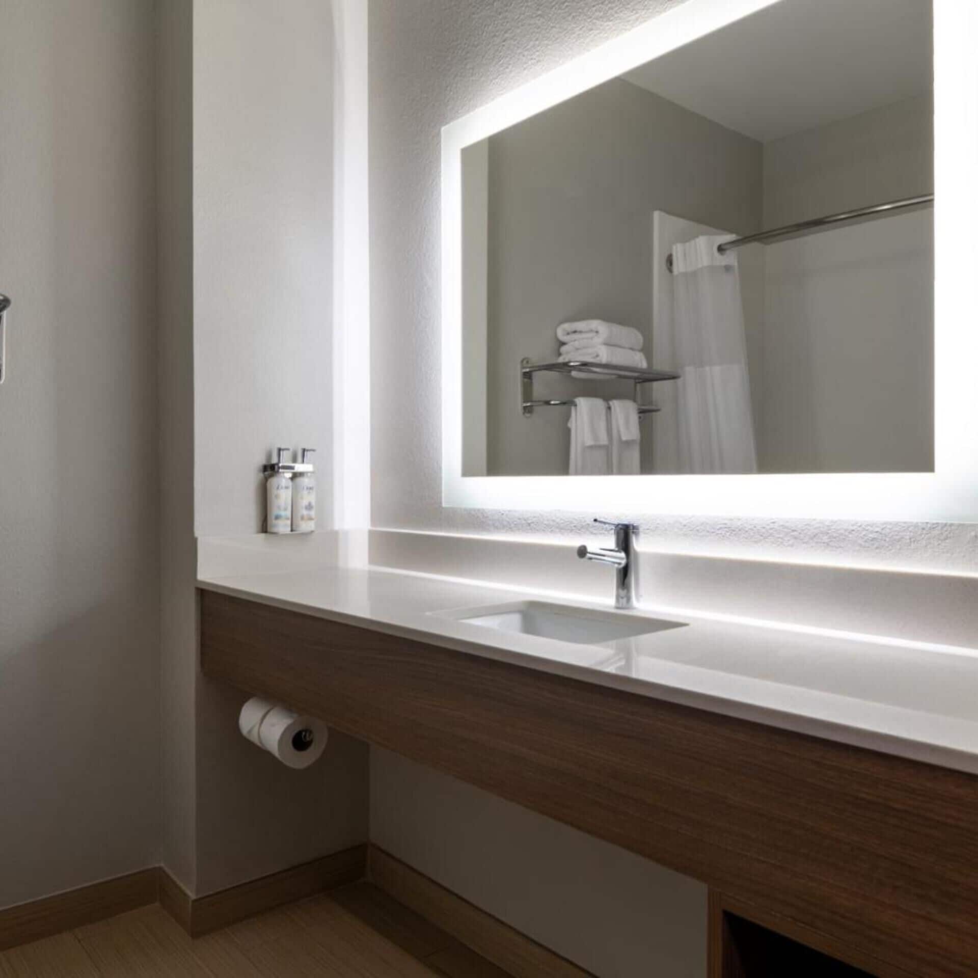 Une salle de bain moderne avec un grand miroir, un lavabo, un porte-serviettes et un support à papier toilette.