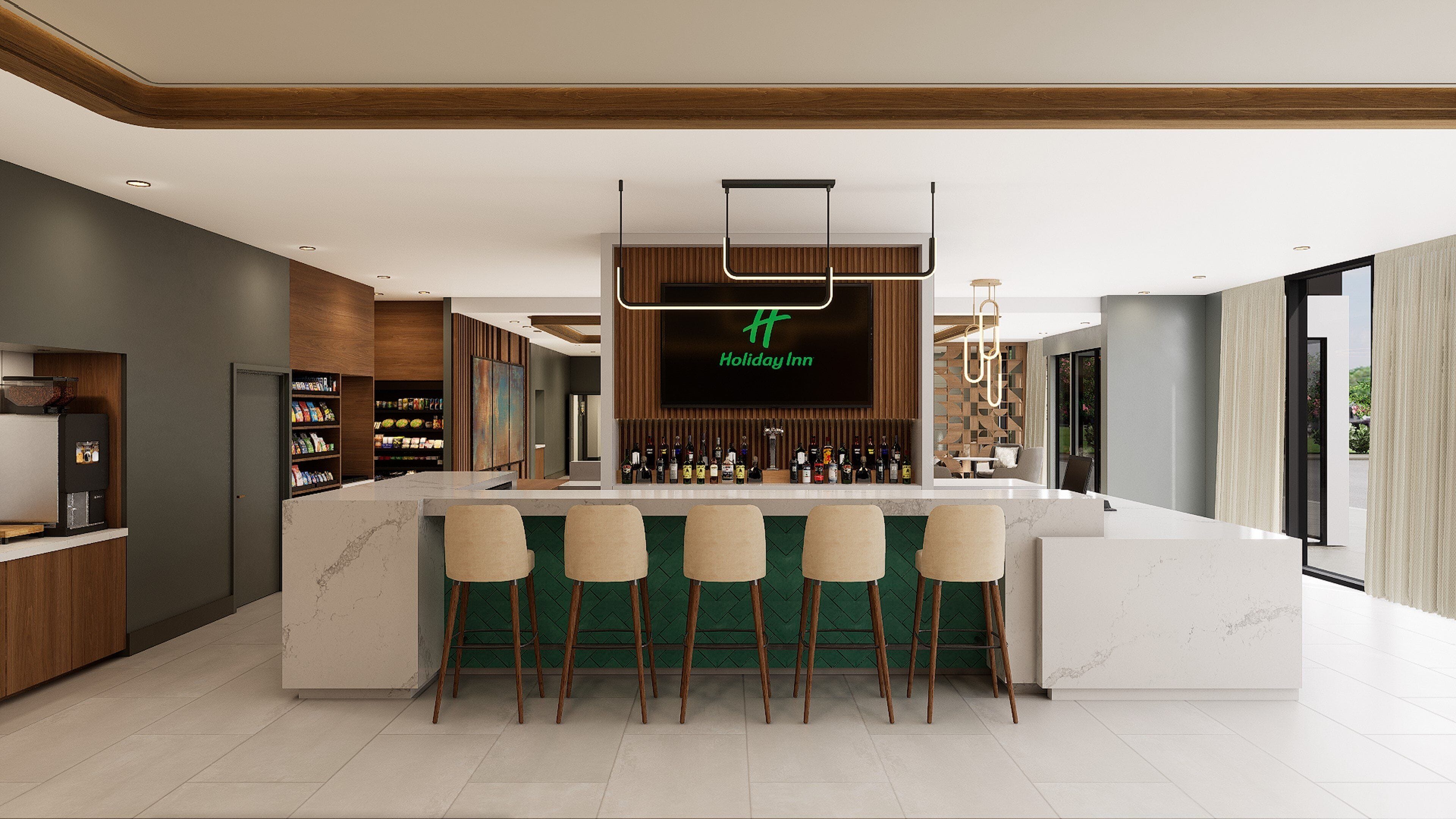 A modern bar area with a large TV screen displaying "Holiday Inn" and a selection of liquor bottles.