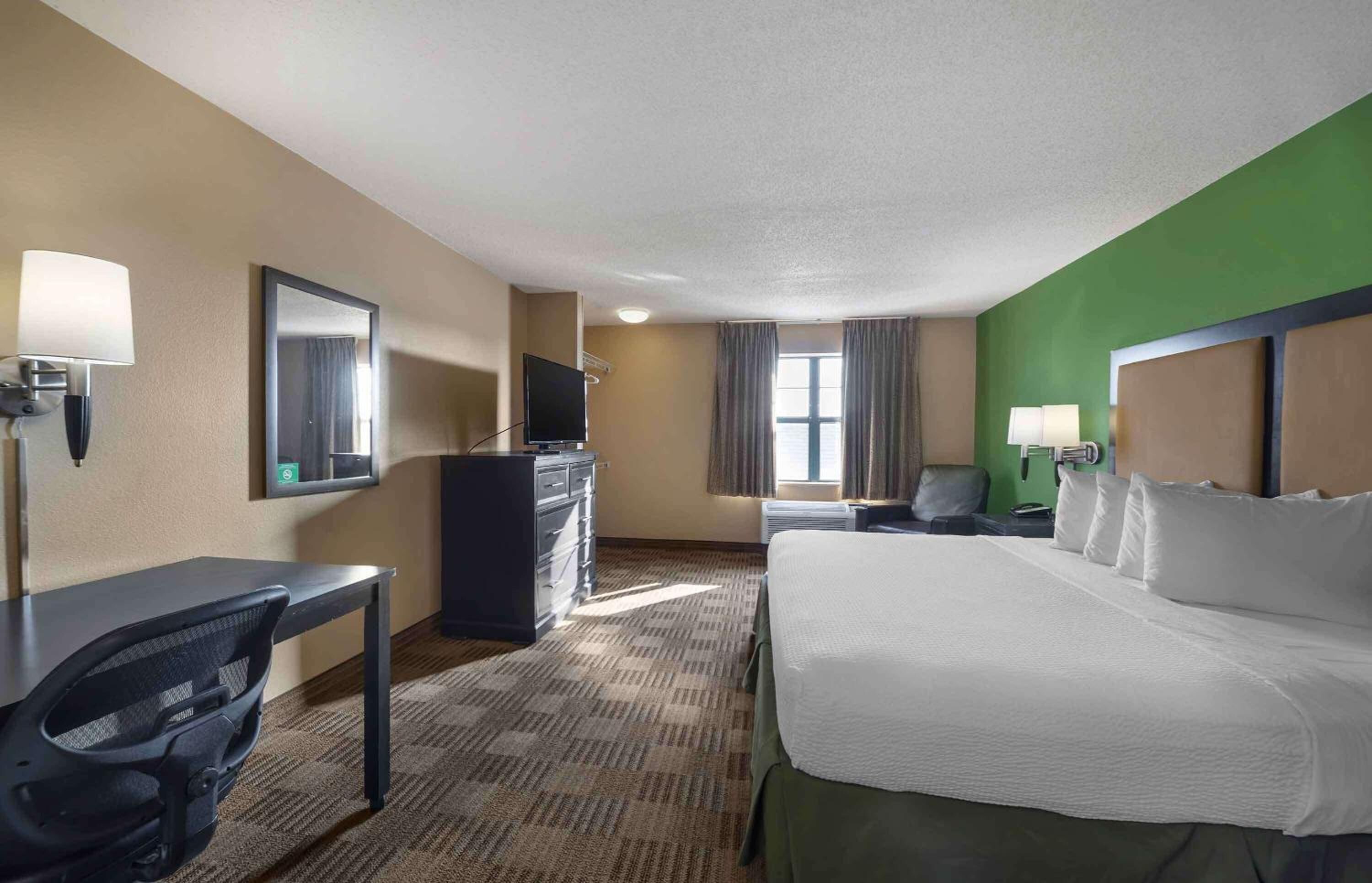 A hotel room with a bed, desk, chair, television, and a green accent wall.