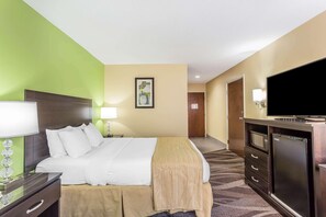 Une chambre d’hôtel équipée d’un lit, d’une table de chevet, d’une lampe, d’une télévision et d’un mini-bar.