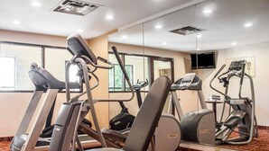 Un gimnasio con cintas de correr, elípticas y un banco de pesas.