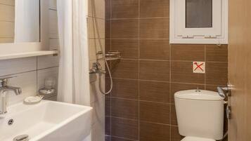 A bathroom with a shower, toilet, sink, and a mirror cabinet.