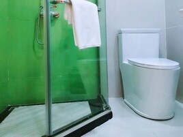Un baño con cabina de ducha de vidrio, un inodoro blanco y una pared con azulejos verdes.