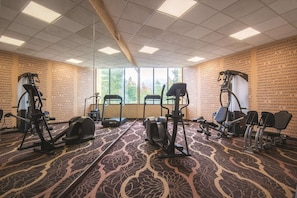 Une salle de remise en forme équipée de tapis de course, d’appareils elliptiques et de vélos d’appartement.
