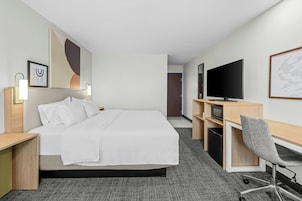 Habitación de hotel con cama, escritorio, silla, televisor y obras de arte en las paredes.