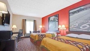 A hotel room with two beds, a desk, a TV, and a large window. - Super 8 by Wyndham Canton (Canton)