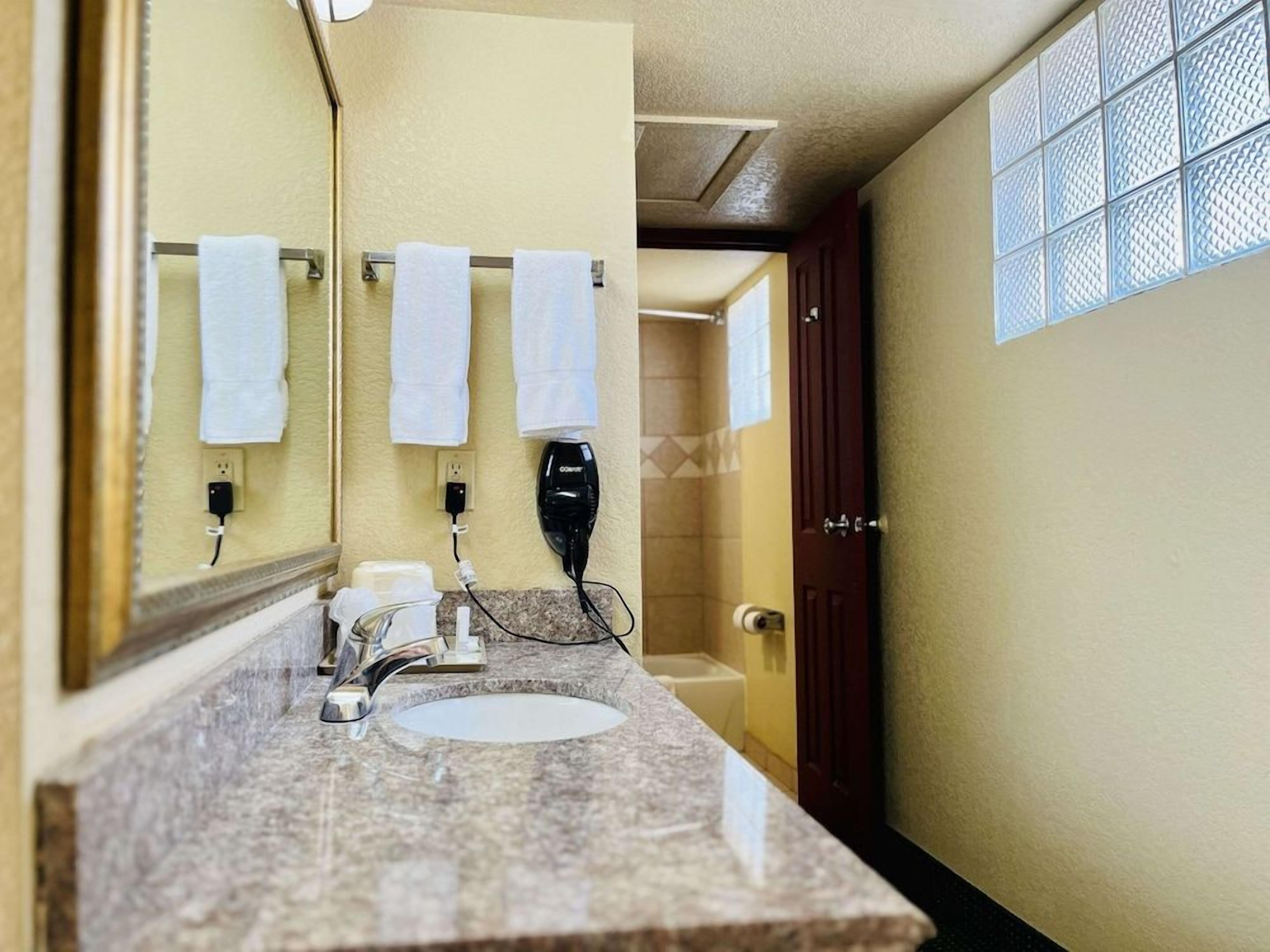 A bathroom with a sink, mirror, towel rack, and a hairdryer.