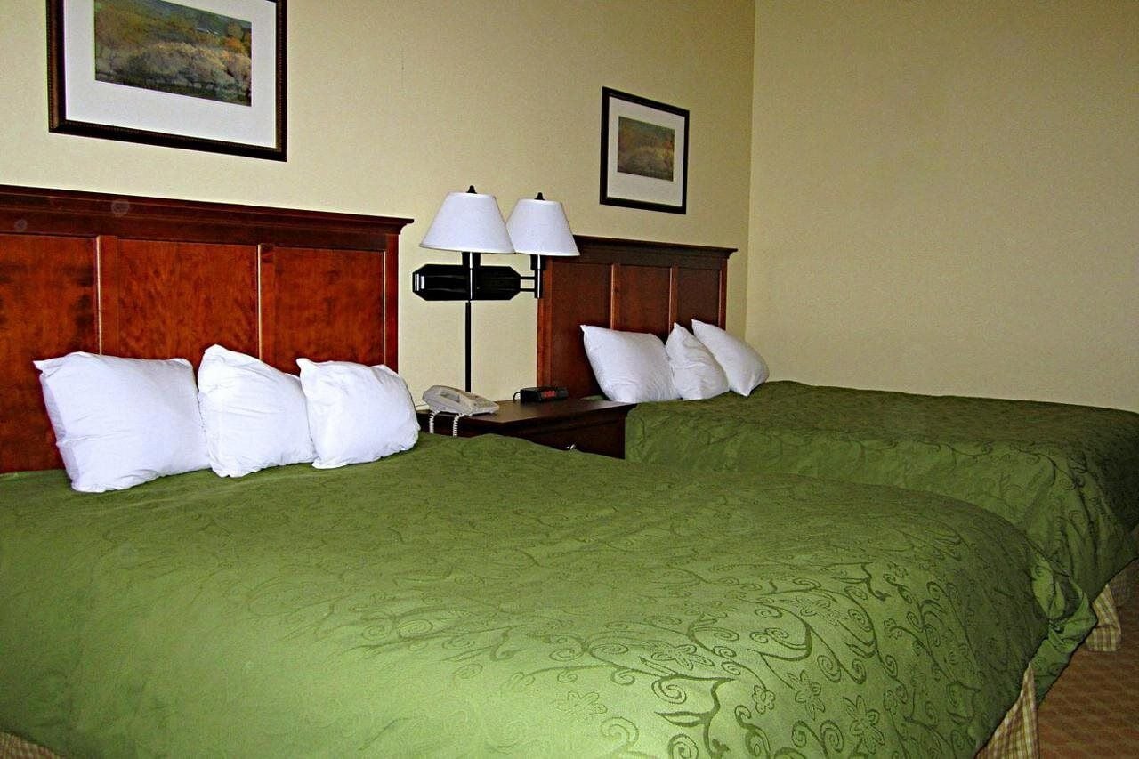 Habitación de hotel con dos camas, cabecero de madera, lámpara de noche y un cuadro en la pared.