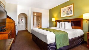 A hotel room with a bed, a television, a desk, and a shower. - Rodeway Inn Auburn, CA (Auburn)