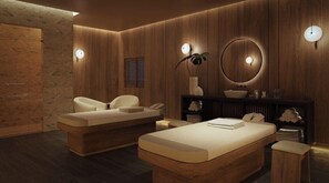 Un dormitorio moderno con un panel de pared de madera, un espejo grande, una mesita de noche y un sofá.