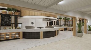 Un restaurante moderno con una barra curva, detalles de madera y una pizarra de menú.