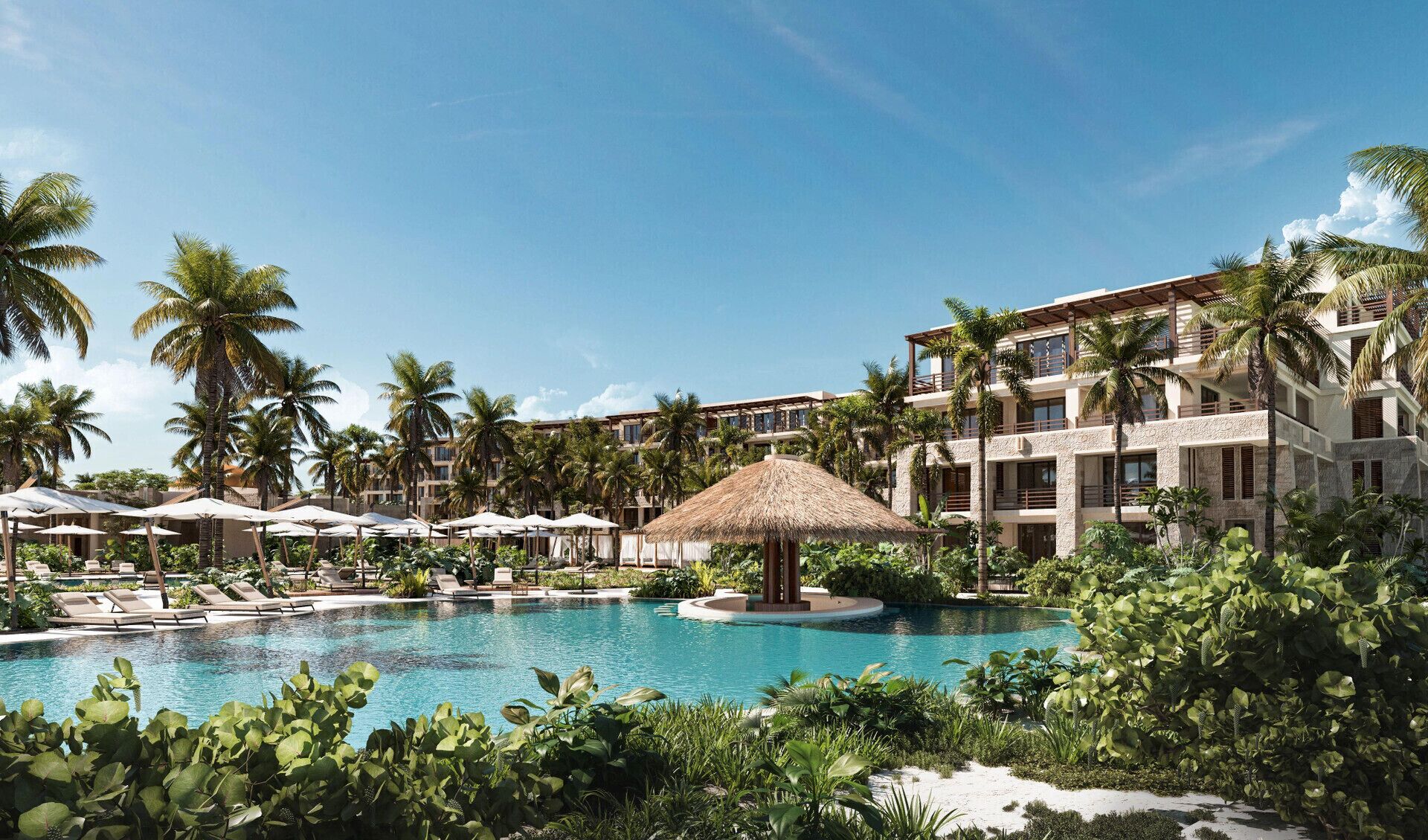 Un resort con piscina, sillas de descanso, palmeras y una estructura de techo de paja.