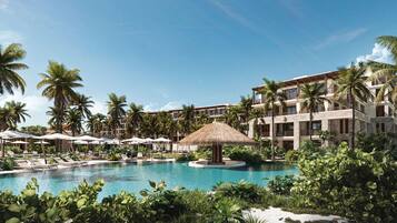 Un resort con piscina, sillas de descanso, palmeras y una estructura de techo de paja.