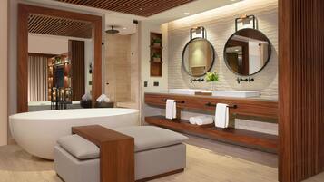 Un baño moderno con una bañera independiente, un tocador con un espejo grande y un banco de madera.