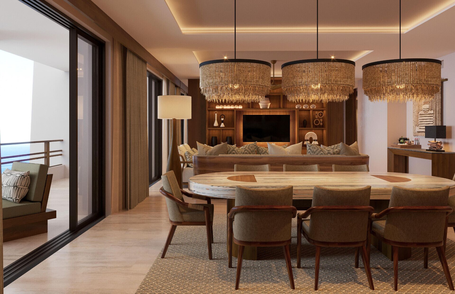 Uma sala de jantar moderna com uma mesa grande, várias cadeiras e um candelabro.