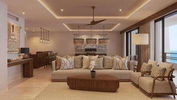A modern living room with a sofa, armchairs, a coffee table, and a dining area with a bar.