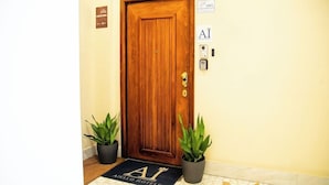 A wooden door with a keyhole, a doormat with 'AI' and 'AIELLO HOTELS' text, and two potted plants.