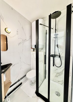 Ein modernes Badezimmer mit einer Duschkabine, einer Toilette und einem Waschtisch mit Spiegel.