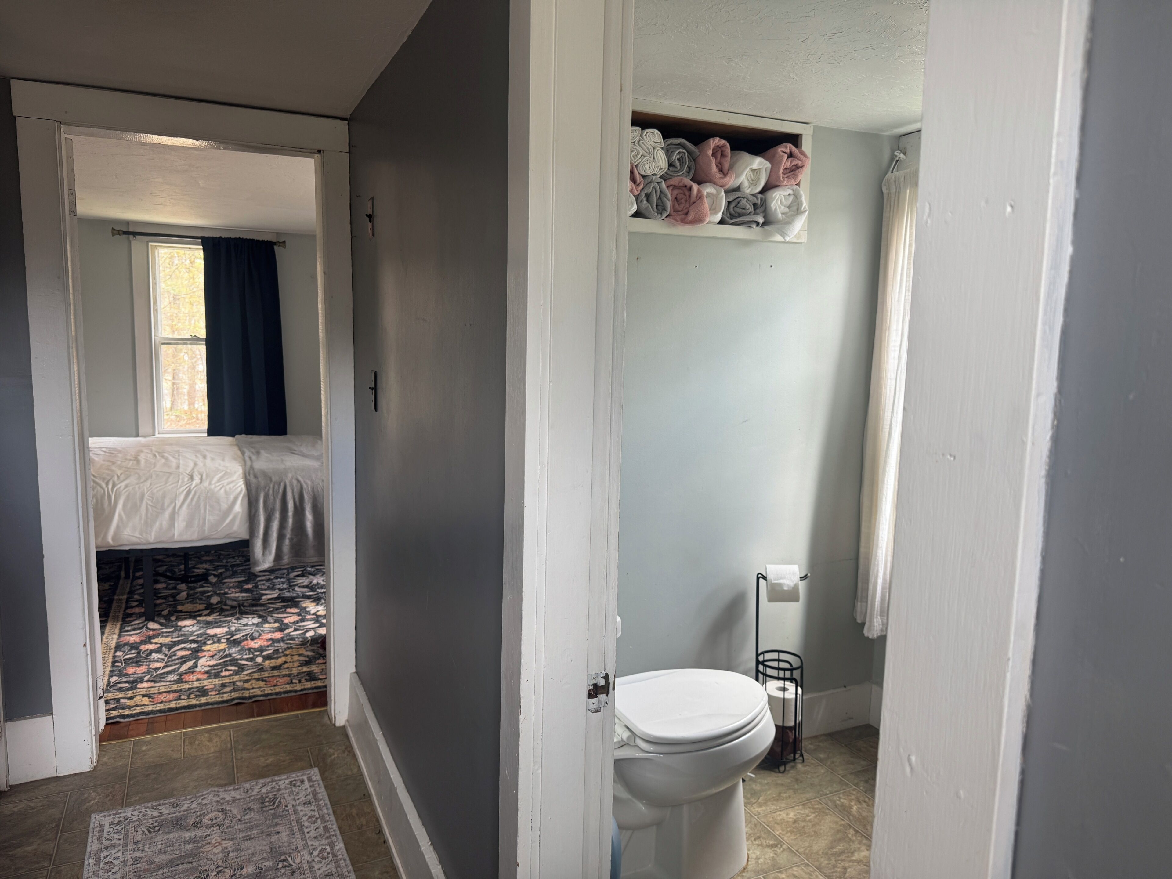 Hair dryer, towels, soap, toilet paper