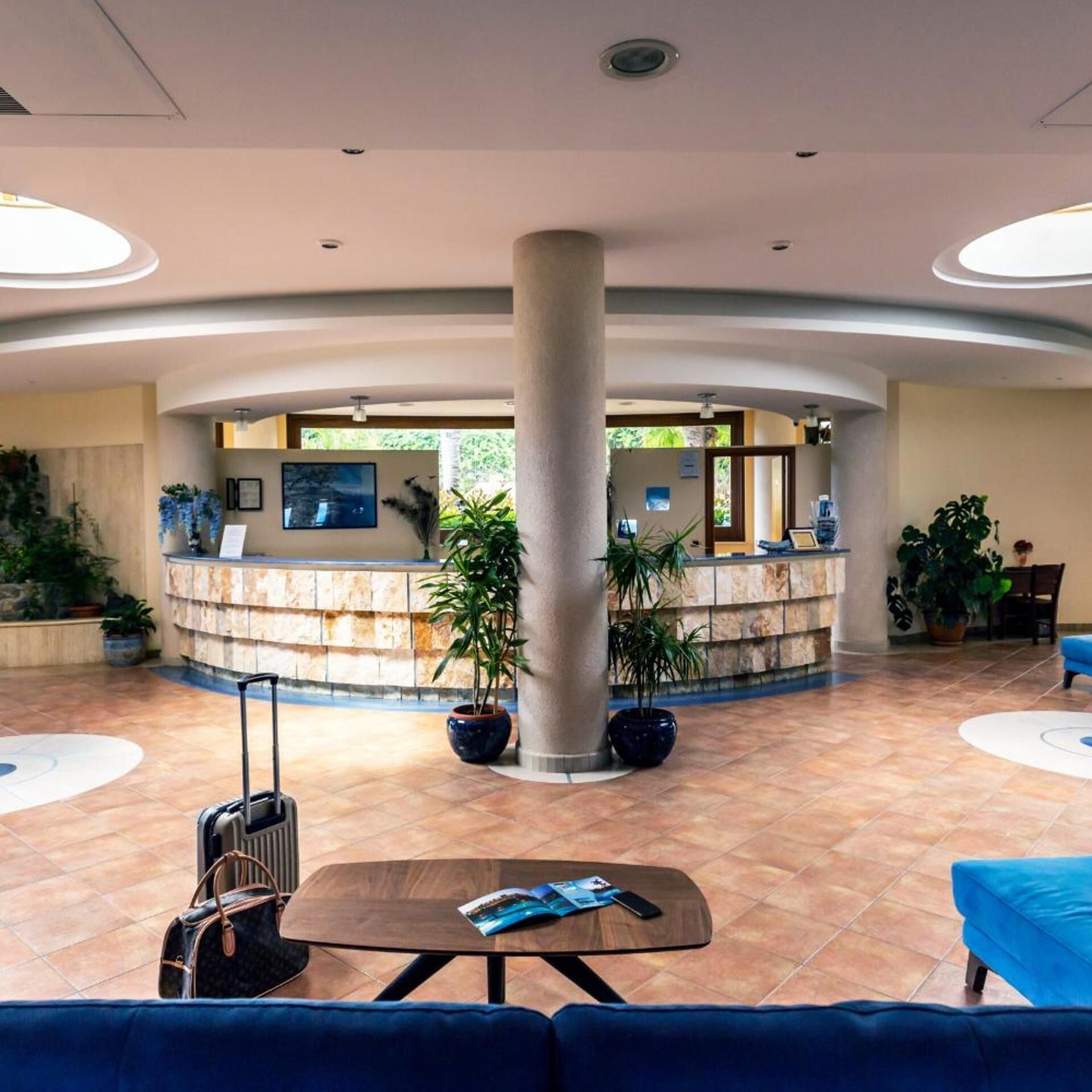 Um hall de entrada com balcão de recepção, plantas em vasos, um sofá azul e piso ladrilhado.