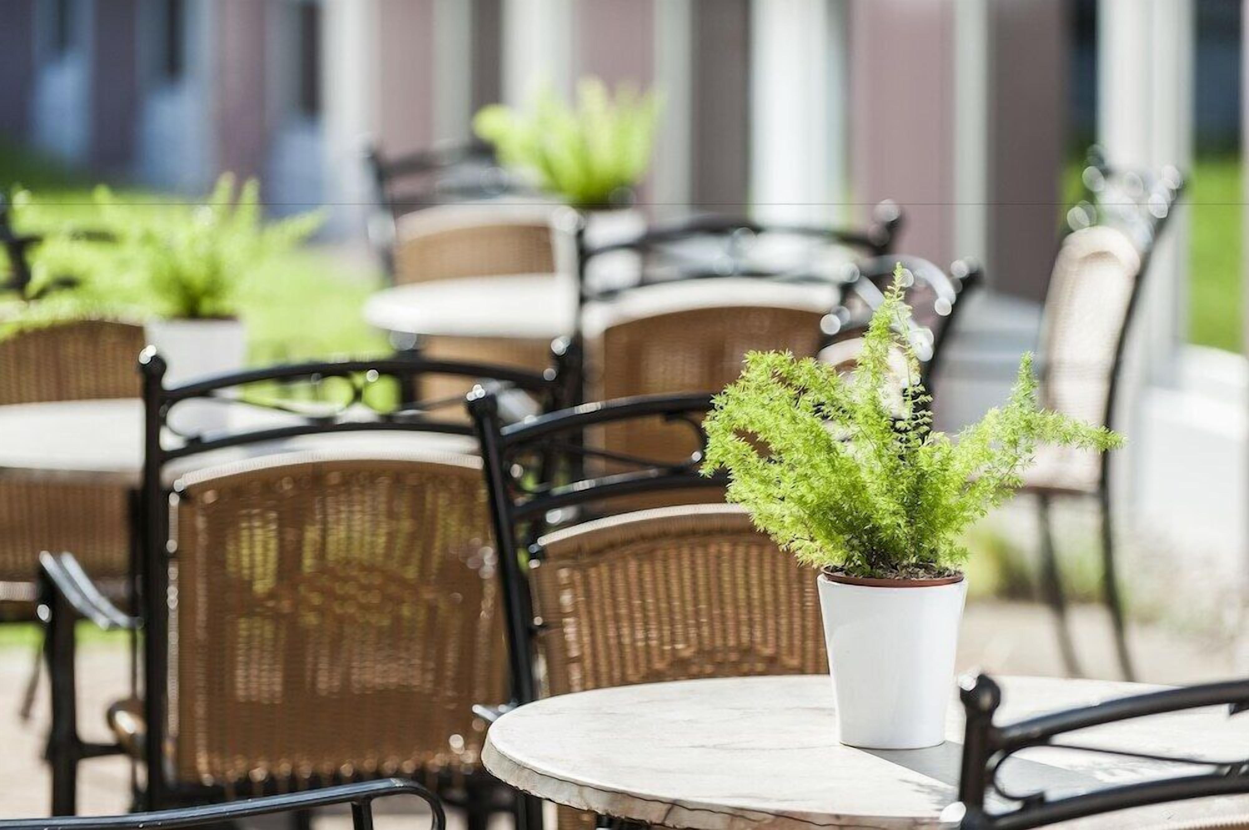 Outdoor seating with wicker chairs and round tables, some with potted plants.