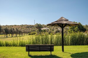 Un parc avec un banc et un kiosque à toit de chaume.