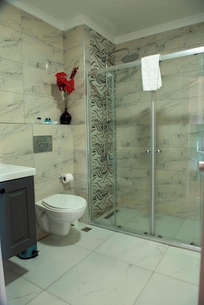 A bathroom with a toilet, a shower with a glass door, and a marble wall. - Hotel Daphne (Istanbul)