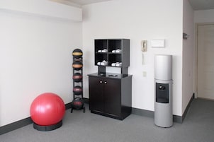 Una habitación con un armario negro, una pelota de ejercicio roja, un soporte vertical con varias pelotas deportivas y un cubo de basura plateado.