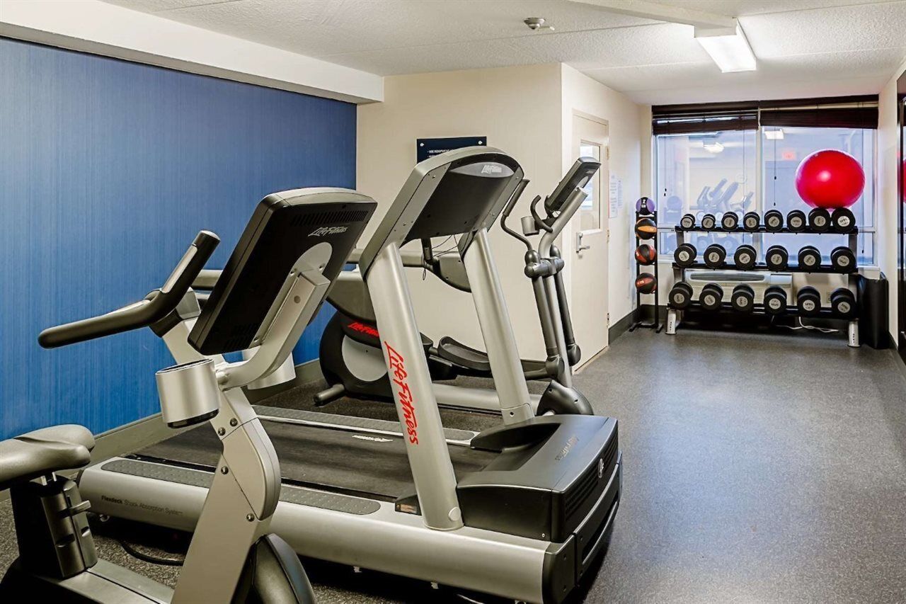 A gym with treadmills, a wall-mounted dumbbell rack, and a red exercise ball.