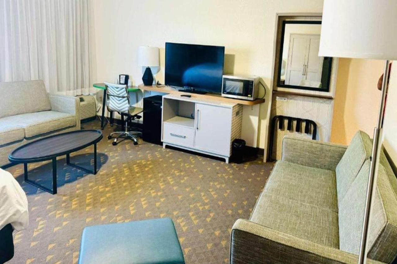 A hotel room with a sofa, a small table, a TV, a microwave, and a desk with a chair.